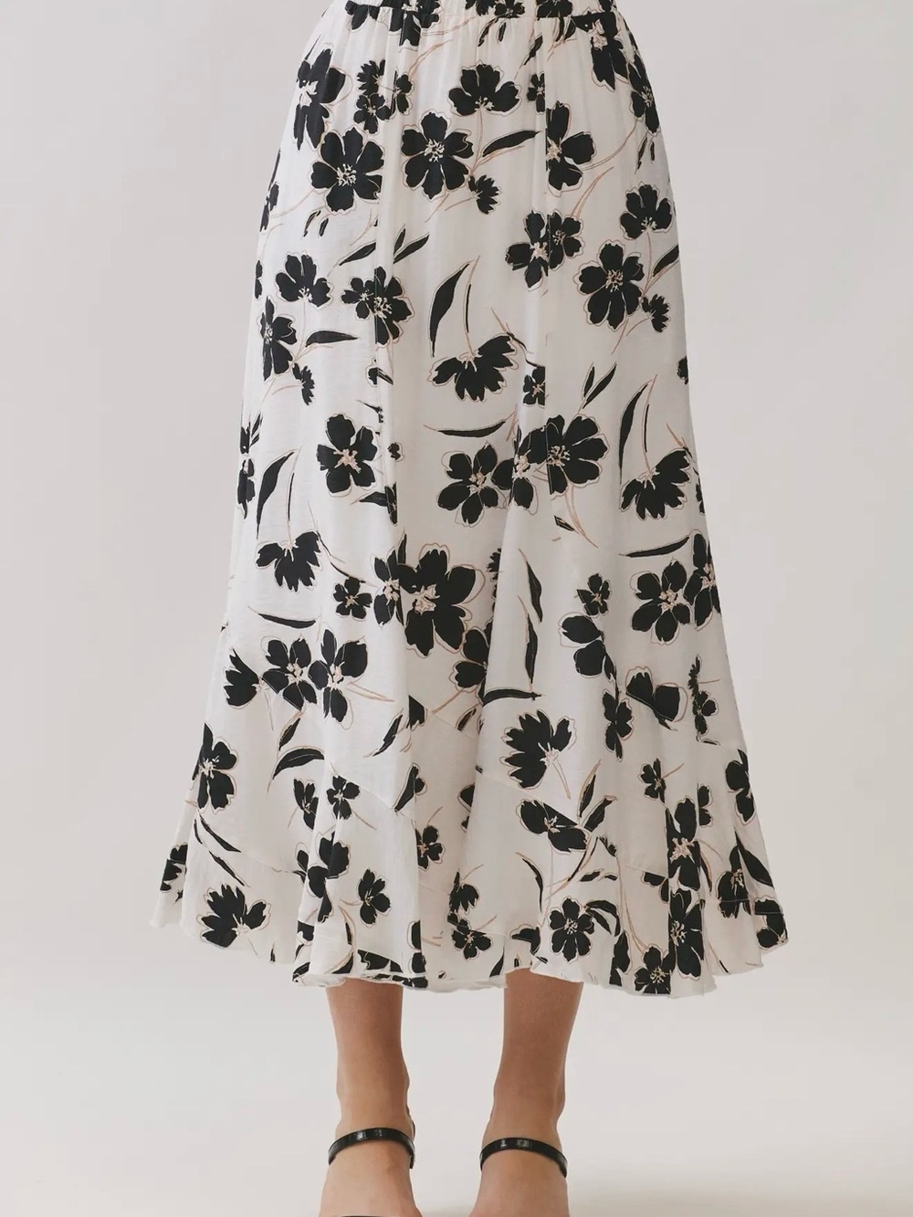 Floral Print A-Line Midi Skirt - White & Black